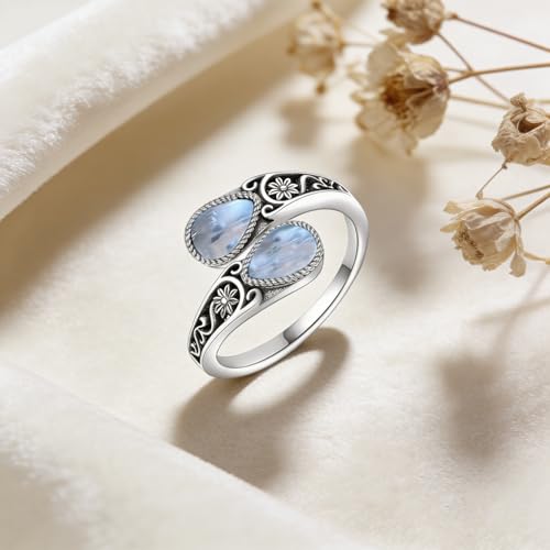 Adjustable Thumb Rings for Women Vintage Moonstone Obsidian Turquoise, Spoon Style Adjustable Ring Gift for Her, Sister, Mom – Natural Gemstone Jewelry - style: Moonstone Flower Ring