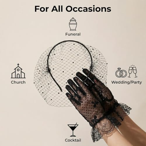 20s 50s Black Funeral Birdcage Veil Fascinator Hats, Vintage Lace Mesh Headband Hair Clip Headwear and Short Floral Lace Gloves for Women for Wedding Cocktail Tea Party Church Birthdays