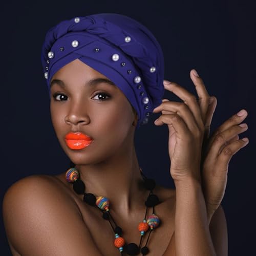 African Women Turban Caps Pre-Tied Twisted Turbans Head Scarf for Women Hair Wraps Cover Beanie Cancer Chemo Headwear - color: 1 Pack Twisted Braid: Pearls Navy Blue