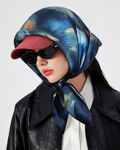 AWAYTR 27.5” Square Satin Head Scarf Hair Scarf for Women's Hair Silk Bandana for Women Silk Head Wrap for Sleeping - color: Feather(dark Green）