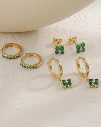 3 Pairs Gold Hoop Earrings Set for Women, Hypoallergenic 14K Gold Plated Huggie Earrings Stacks for Multiple Piercing Dainty Stud Earring Cartilage Birthstone Earring Women Jewelry Gift - color: 05. May(Emerald)
