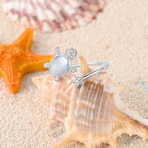 PARCOM Adjustable Women Stackable Ring, 925 Sterling Silver Open Rings - Trendy Eternity Cubic Zirconia Stackable Band Engagement Promise Ring for Her, Hypoallergenic Non Tarnish Nature Bird Floral Thumb Rings - color: Ocean Guardian Turtle