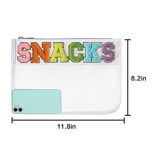 DYSHAYEN Chenille Letter Clear Zipper Pouch for Travel,Nylon Clear Cosmetic Bag,Makeup Travel Bag for Women Girls 11.8 Inches x 8.2 Inches - color: White-Snacks