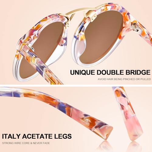 CARFIA Double Bridge Small Acetate Sunglasses for Women Polarized, Retro Metal Brow Ladies Sunnies Fashion Round Eyewears - color: 6. Pink White Tortoise Frame Pink Mirrored