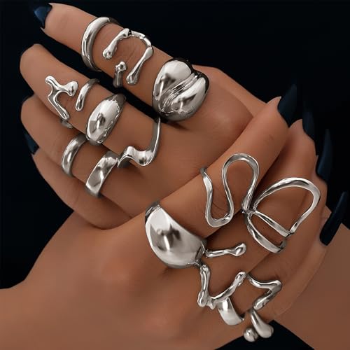 IFKM Gold Chunky Rings Set for Women 14k Gold Plated Thick Dome Stackable Open Rings Trendy Dainty Minimalist Jewelry Gifts - color: Silver, style: Irregular