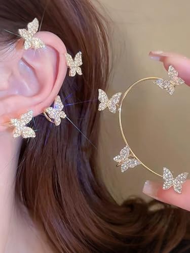 2Pcs Rhinestone Butterfly Earrings Ear Cuffs Non-Pierced Fake Earrings Butterfly Climber Wrap Around Earring Dainty Adjustable Ear Clip Jewelry for Women - color: Style6-gold
