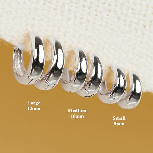 Poxtex Small Sterling Silver Huggie Hoop Earrings Set for Women, Hypoallergenic 14K Gold Plated Hoops Stacks for Multiple Piercings, Dainty Cute Mini Lightweight Cartilage Studs Trendy Jewelry Gift - color: Silver-chunky hoops 8 10 12