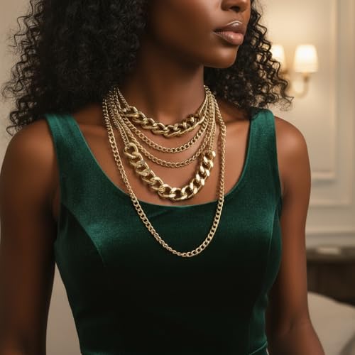 Gold Chunky Necklaces for Women Multi Layered Punk Gold Statement Necklaces Hip Hop Portrait Cuban Link Chain Necklace 90s Outfit Accessories - style: Style1