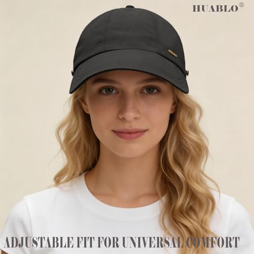 huablo]UPF 50+Womens Sun Hat UV Protection Hiking Fishing Hats Wide Brim Hat Adjustable Ponytail Packable Sun Cap - color: Black
