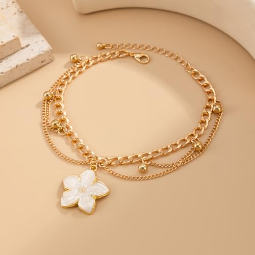 Fashion Layered Flower Charm Anklet for Women Golden Cuban Link Chain Tassel Waterproof Ankle Bracelet Adjustable Beach Vacation Foot Jewelry Summer Accessories - color: White floral