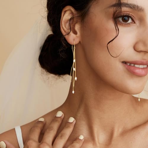 NECOCY Gold Dangle Earrings for Women Non Tarnish 14K Gold Plated Drop Wedding Hypallergenic Earring Dainty Long Hanging Chain CZ Pearl Threader Earrings Trendy Silver Plated Jewelry for Women - style: Gold&Style2