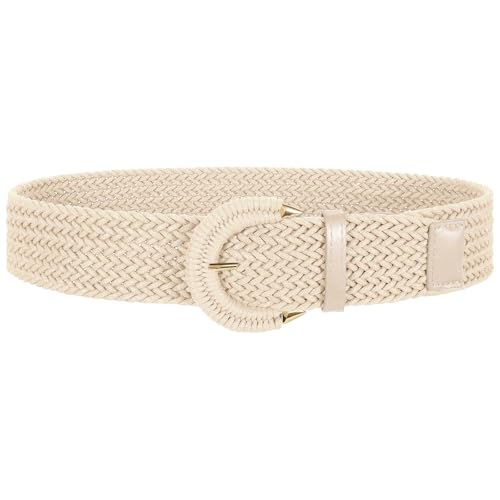 SANSTHS Women Wide Woven Belt for Dresses Fashion Rattan Braided Waist Belt Straw Raffia Boho Belt for Jeans - color: A-beige, size: Fits waist size 35"-39"