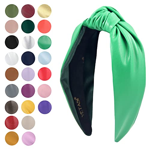 Green Leather Headbands for Women are Made of Comfy Non Slip Material. Trendy Year-round Wearable All Day Knotted Headband for Woman is a Top Knot Fashion Designer Girls Head band - color: Green