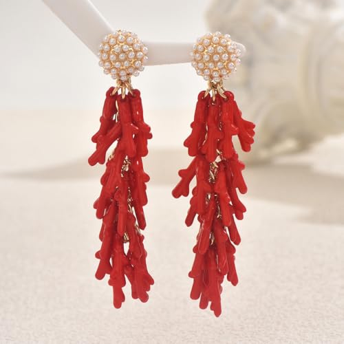 Red Coral Drop Earrings for Women, Boho Statement Tassel Earrings with Pearl Studs, Vintage Ocean Inspired Dangle Jewelry for Party and Vacation