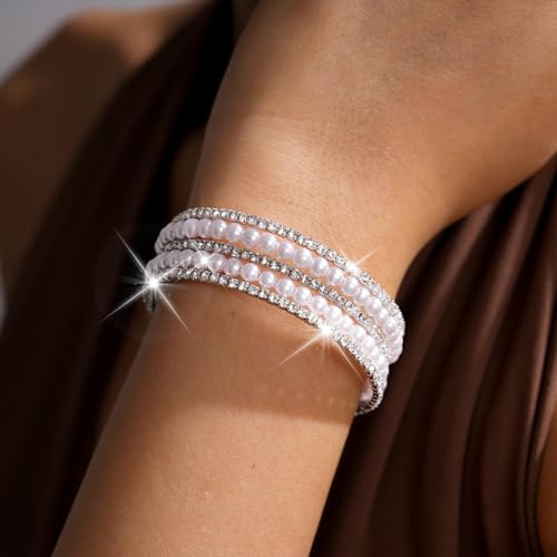 Silver Pearl Bracelet for Women Sparkly Stretch Rhinestone and Pearls Bangle Cuff Adjustable Faux Diamond CZ Bracelets Bling Wedding Costume Jewelry - color: Silver-5Row