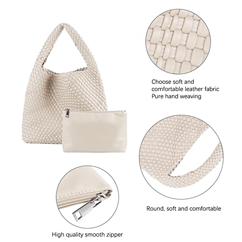 Woven Tote Bag For Women, Large Vegan Leather Travel Handbag, Casual Work Shoulder Bag, Underarm Commuter Hobo Bag With Purse - color: Beige