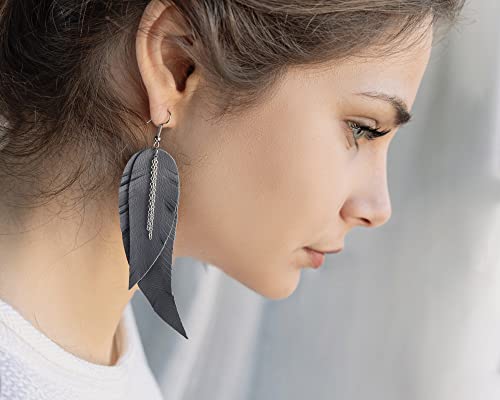 Black shiny Leather Feather Earrings for Women, Lightweight Minimal Boho Dangle Earrings, Small Simple Everyday Jewelry - color: dark grey