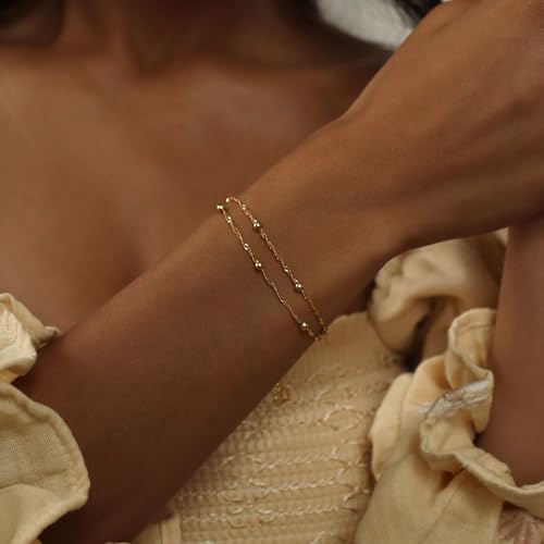 SLOONG Gold Pearl Bracelets for Women Trendy, 14K Gold Plated Dainty Stackable Layered Chain Bridesmaid Bracelets, Waterproof Wedding Jewelry for Women Adjustable 6"+2" - color: Style7(Ripple Chain)