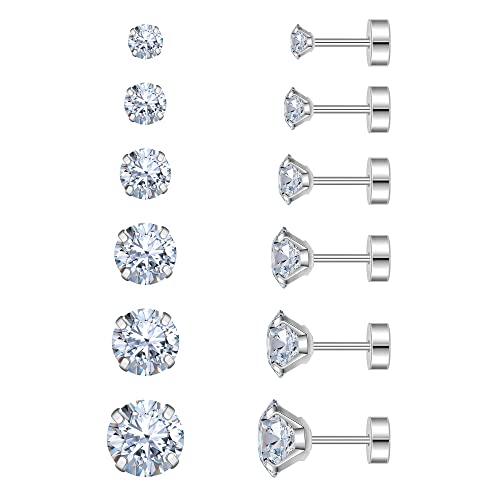 Flat Back Stud Earrings for Women - Hypoallergenic Surgical Steel Earrings with CZ Stones - 6 Pairs (18-20G) - color: Silver, size: 20 G