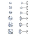 Flat Back Stud Earrings for Women - Hypoallergenic Surgical Steel Earrings with CZ Stones - 6 Pairs (18-20G) - color: Silver, size: 18 G