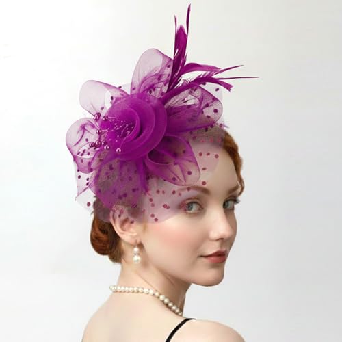 DRESHOW Fascinators Hat Flower Mesh Ribbons Feathers on a Headband and a Clip Tea Party Headwear for Girls and Women - color: 7" Diameter / Dark Reddish Purple