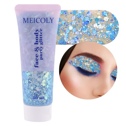 MEICOLY Chameleon Mermaid Blue Body Glitter,Chunky Face Glitter for Halloween,Color Changing Mermaid Glitter Face Paint,Glitter Sequins for Face Body Hair,Festival Party Cheer Glitter Makeup - color: chameleon mermaid blue body glitter