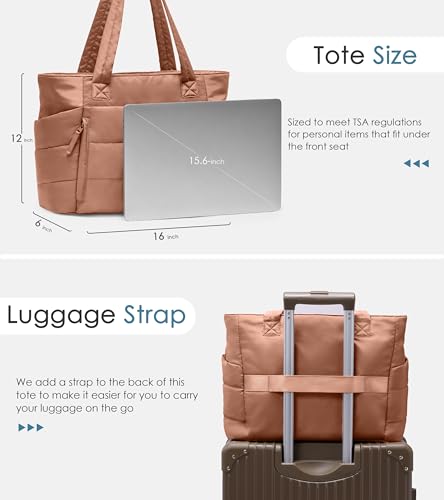Tote Bag for Women with Zipper, Quilted Puffer Tote Bag with Compartments, Lightweight Puffy Work Bags for Women Travel - color: Pecan Brown