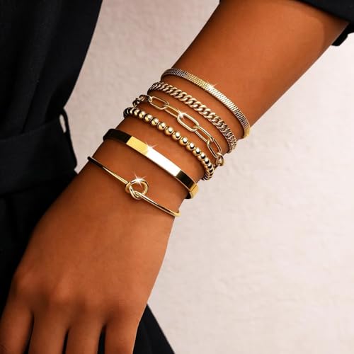 6Pcs 14K Gold Plated Bracelets for Women Layered Bangle Cuff Stack Set Adjustable Stacking Jewelry Set Gifts - color: 6PC-gold