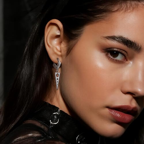 Sonateomber Gothic Silver Black Small Hoop Earrings for Women Men, Punk Hip Hop Engrave Beaded Goth Dangle Drop Earings Halloween Costumes Accessories Prom Fashion Jewelry Gift - color: Silver Triangle