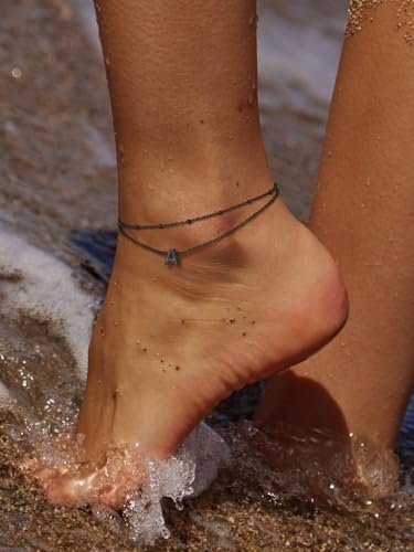 FaithHeart Initial Ankle Bracelets for Women, Waterproof 14k Gold Plated Initial Anklets Non Tarnish Stainless Steel Cute Layered Anklet Summer Beach Jewelry - color: Black, size: Initial A