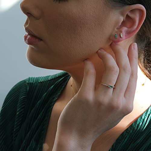 espere Minimal Dainty Baguette Wedding Band Ring | Lab-Created Emerald Cut Cubic Zirconia Stacking Ring | Anniversary Band for Her - color: Emerald CZ - Gold