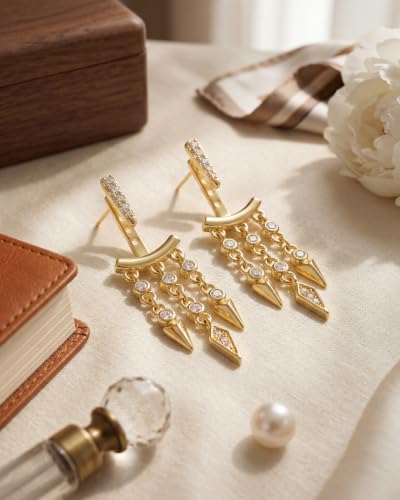 MUMREUES Gold Earrings for Women Trendy 14K Gold Plated Dangle Earrings Small Hoop Huggie Drop Stud Earrings Cubic Zirconia Simple Minimalist Dainty Chain Tassel Hypoallergenic Earrings - color: Jacket & Gold