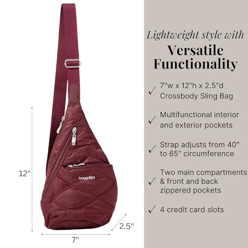 Baggallini Mini Sling - 12x7 Sling Crossbody Bag Backpack with Adjustable Shoulder Strap - color: Dark Cherry Quilt