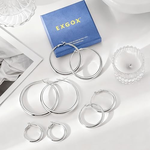 EXGOX Sterling Silver Hoop Earrings - Hypoallergenic, Lightweight, Chunky, 14K Real Gold Plated, Big Large Hoops for Women - color: Chunky&Silver hoop 70mm