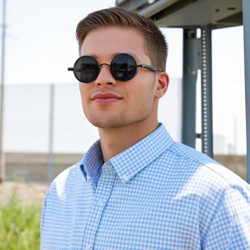 FEISEDY Retro Gothic Steampunk Sunglasses Round Metal Frame Punk Circle Inspired Shade Men B1857 - color: Black/Grey