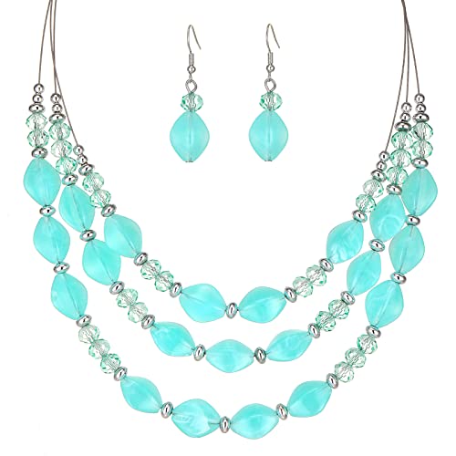 3 Layered Chunky Statement Necklace for Women Beaded Strand Necklaces with Earring Fashion Costumes Collar Necklace Jewelry Sets Gifts for Women - color: Turquoise