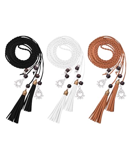 TeeYee Waist Belt Woven Knitted Rope/Chain PU leather 3 Pieces Tassel Rope Skinny Belt - color: 018blacktanwhite