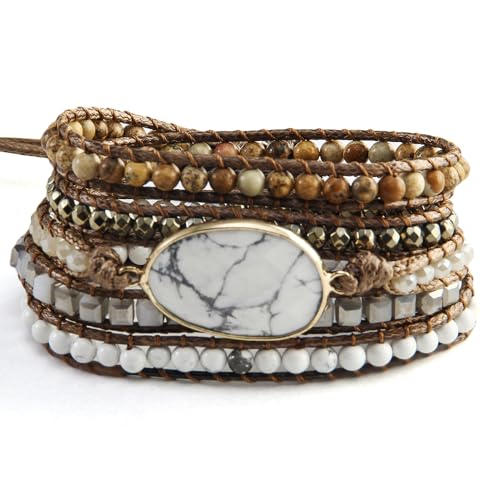 Women Wrap Bracelet Boho Natural Jasper Crystal Stone Beads Strand Bracelets - color: White Turquoise