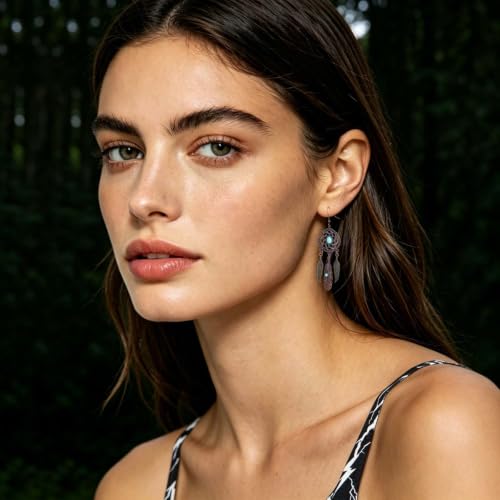 Boho Turquoise Drop Earrings Retro Long Copper Feather Tasse Metal Leaf Dangle Earrings Vintage Country Western Jewelry Cowgirl Ethnic Style Geometric Concert Festival Accessories for Women - color: Brown Green