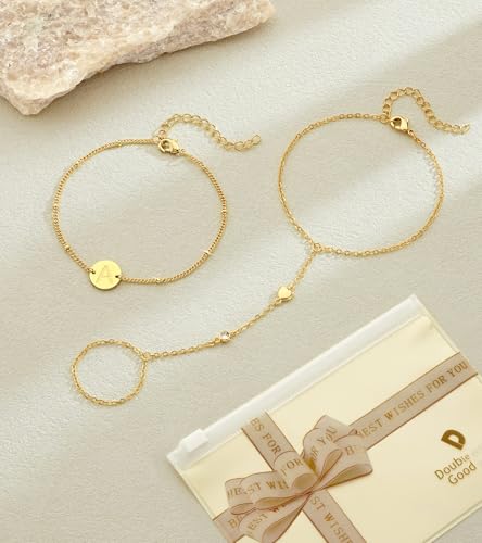 doubgood Gold Bracelets for Women, 5 Piece 14K Gold Plated Bracelet Stack Beaded Ball Jewelry Sets Gifts for Women - color: Style 5-Gold Hand Chain+C