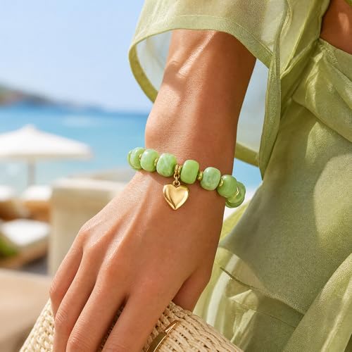 Chunky Beaded Bracelets for Women Boho Multicolor Acrylic Resin Beads Bracelet Adjustable Statement Bracelet Summer Beaded Jewelry - color: Heart beads bracelet-light green