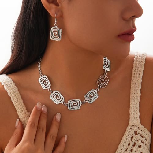 Gold Jewelry Set Chunky Gold Necklace Earring Set for Women Boho Oval Acrylic Earring Necklace Western Adjustable Choker Necklaces Bohemian Jewelry Set For Women - color: Silver Rose