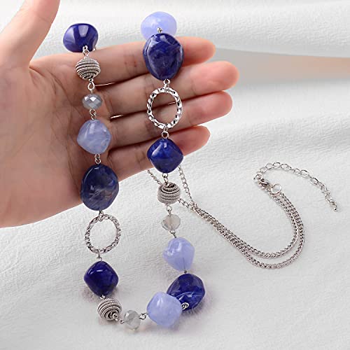 BULINLIN Beaded Long Necklace for Women Silver Sweater Chain Necklace with Crystal Resin Beads, Fashion Jewelry Necklace - color: 53-Dark light blue