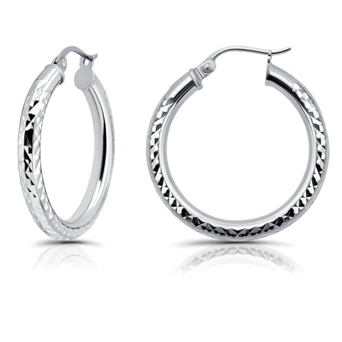 Hoops & Loops 925 Sterling Silver Diamond-Cut Round Hoop Textured 3mm Click-Top Earrings for Women, Slver, Two-Tone 14K Yellow Gold Flash Plate 15/20/25/30/35/40/45/50mm Hoops - color: Silver, size: 25mm (1'')