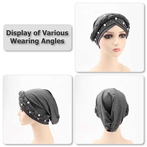 African Women Turban Caps Pre-Tied Twisted Turbans Head Scarf for Women Hair Wraps Cover Beanie Cancer Chemo Headwear - color: 1 Pack Twisted Braid: With Pearls Grey