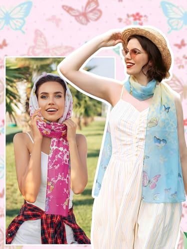 6 Pieces Scarves for Women Ladies Lightweight Silk Gorgeous Floral Pattern Lotus Print Chiffon Scarves - color: Multi Butterfly