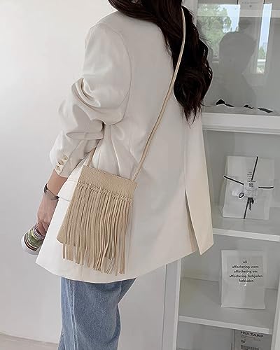 Hoce Women’s Leather Fringe Messenger Bag Large Hobo Crossbody Tassel Shoulder Bags, Gift for Mom Wife Girlfriend - color: 07785apricot