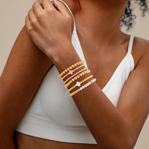 VIBILIA Gold Beaded Bracelets Set for Women 14K Gold Plated Dainty Pearl Cross Bracelet Stack Stretch Bracelet Set Fashion Accessories Gifts - color: 6P-Pink