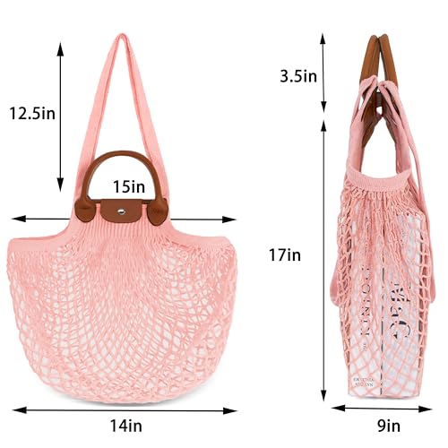Hibala Woven Bag for Women, Fishing net bag,Straw Mesh Tote Bag, Beach,Hobo Bag, Foldable Large Capacity (Pink)