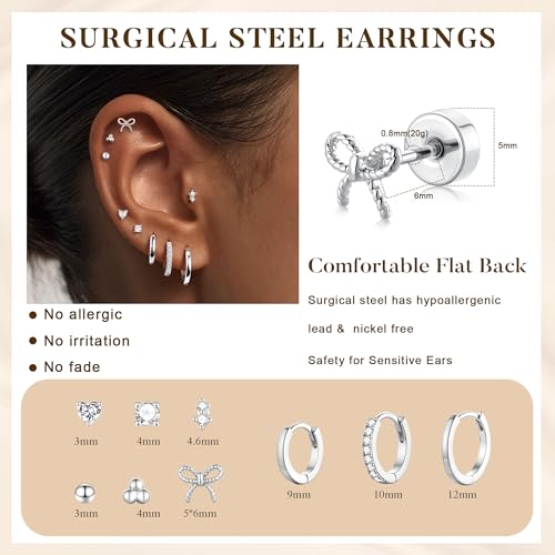 M MOOHAM Hypoallergenic Flat Back Earring Stack for Women Teen Girls, 14K Gold Plated Small Huggie Hoop Earrings Trendy Dainty Gold Cartilage Stud Earring Stacks Set Jewelry Gifts for Women Girls - color: Silver-Plated